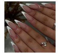 Press On Nails Medium Stiletto Nude White Tip French Fake Nails Reusable Glue On Nails for Office
