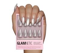 Press On Nails - Oslo | Short Almond Silver Shimmer Nails with a Cat Eye Finish | 15 Sizes - 30 Nail Kit with Glue