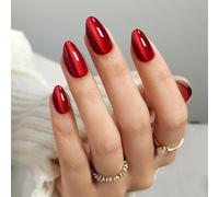 Press on Nails, Pack of 24 Blood Red Sets Medium Oval False Nails, Cat Eye Magnetic Fake Nails, Cover Artificial Nails with Jelly Glue, for Ideal Cat Eye Magic Effect, for Women and Girls