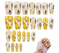 Press on Nails, Reusable Glue on Nails, Set of 24 Reusable Bee and Flower Fake Fingernails for Travel Stage Shopping