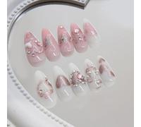 Press On Nails Rhinestone Almond False Medium Fingernails for Women | 24 pieces pink glossy artificial fake extensions. Graded sizes pearl decoration manicure tips for adult beauty art.