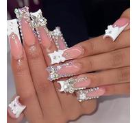 Press On Nails Round Long French Tip Fake Nails 3D Rhinestones Bow French Tip White False Nail 24Pcs