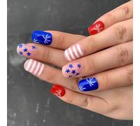 Press On Nails Set 24pcs Independence Day False Nails Short Square Acrylic Nails With Glitters For Parties And Daily