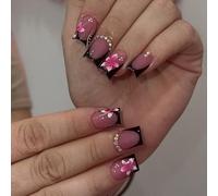 Press On Nails Set, Long Square Nail Tips, Mauve Pink And Black, 24-Piece | Glossy Floral Artwork, Curved White Lines And Dots, Iridescent Stones, Assorted Fitting Sizes, For Home Or Party Manicures