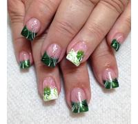 Press On Nails Shamrock Designs French Fake Acrylic False Artificial Glues On Square False Green Shamrock Fake Nail