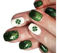 Press On Nails Shamrock Designs French Fake Acrylic False Artificial Glues On Square False Green Shamrock Fake Nail