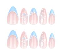 Press on Nails - ShiningUU 24-Pack 3D Blue Flower Press-On Nails with Jelly Gel | Blue & White French Manicure with Pearl Accents | Almond False Nails Kit