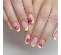 Press on Nails - ShiningUU 24Pcs French False Nails with Red Hawaiian Flower Design | Short Oval Almond Shaped Artificial Nails for Summer Vacation & Party | Stick on Nail for Women Girls Day Nail Art