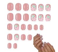 Press On Nails Short 24 Pieces Artificial Pink Floral Stick On Fingernail