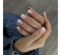 Press on Nails Short - 24PCS French Tip False Nails with Glue - Gradient Pink Short Square False Nails - Nude Pink Fake Nails Press on - Natural Reusable Stick on Nails for Women in 12 Sizes