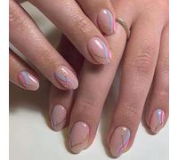 Press on Nails Short - 24PCS Gold Pastel Line Fake Nails - 12 Sizes Almond False Nails with Glue - Full Cover Oval Elegant Stick on Nails for Women Girls with Nail File & Nail Sticky Tabs