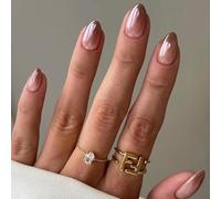 Press On Nails Short Almond, Caramel Gradient Chrome French Tip False Nails with Tabs & File Kit, Glossy Nude Pink Stick On for Women, Reusable Salon Look (Caramel gradient-Almond)