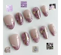 Press On Nails Short Almond Cat Eye Fake Nails Light Purple French Tip False Nail Star Stick on Nail Kit 30Pcs