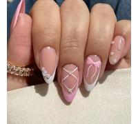 Press On Nails Short Almond Fake French Full Covers Acrylic False Bows Designs Fake For Women Girls On Nail Coffin Almond French Tip On Nail
