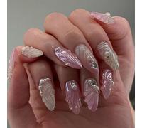 Press On Nails Short Almond Fake French Full Covers Acrylic False Seashells Designs Fake For Women Acrylic Glues On Nail For Women Clear