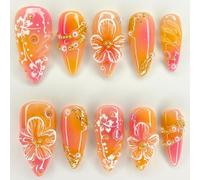 Press On Nails - Short Almond False Nails Orange Pink - Medium Oval Fake Nails With 3D Flower Pearl Designs - Full Cover Acrylic Stick On Nails For Women Girls Daily Wear DIY Nail Art Accessories