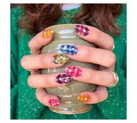 Press On Nails Short Almond Multicolor Stripe Star Cute Fake Nails Reusable Glue On Nails for Daily Outfit