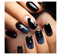 Press On Nails Short Coffin Black Cat Moon Star Night Sky Glossy Fake Nails Reusable Glue On Nails for Daily Outfit