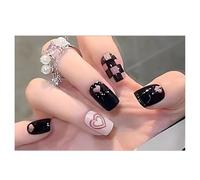 Press On Nails Short Coffin Black Pink Heart Glossy Fake Nails Reusable Glue On Nails for Party