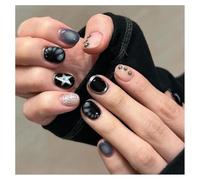 Press On Nails Short Coffin Black Star Gray Metallic Dark Coquette Fake Nails Reusable Glue On Nails for Daily Outfit