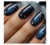 Press On Nails Short Coffin Blue Galaxy Star Minimalist Glitter Fake Nails Reusable Glue On Nails for Daily Outfit