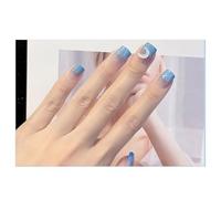 Press On Nails Short Coffin Blue Tip 3D Moon Ombre Fake Nails Reusable Glue On Nails for Party