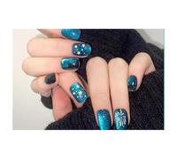 Press On Nails Short Coffin Blue Yellow Star Glitter Fake Nails Reusable Glue On Nails for Everyday