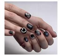 Press On Nails Short Coffin Dark Gothic Heart 3D Glossy Fake Nails Reusable Glue On Nails for Daily Outfit