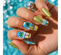 Press On Nails Short Coffin Fake French Full Covers Acrylic False Coconuts Tree Designs Fake For Women Acrylic Glues On Nail For Women Clear