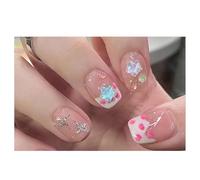 Press On Nails Short Coffin Nude 3D Blue Star Cute French Fake Nails Reusable Glue On Nails for Everyday