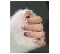 Press On Nails Short Coffin Nude Brown Tip Cute French Fake Nails Reusable Glue On Nails for Office