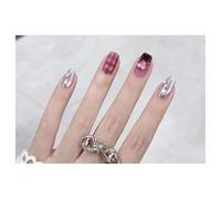 Press On Nails Short Coffin Silver Nude Stripe 3D Heart Glossy Fake Nails Reusable Glue On Nails for Daily Outfit