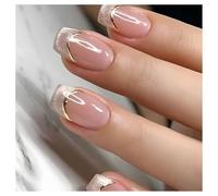Press On Nails Short Coffin Silver Tip Nude Cat Eye French Fake Nails Reusable Glue On Nails for Office
