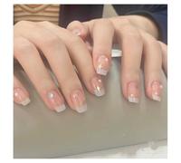 Press On Nails Short Coffin Silver Tip Nude Star Cute French Fake Nails Reusable Glue On Nails for Office