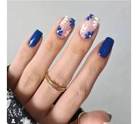 Press On Nails - Short False Nails Square - White Blue Floral Fake Nails - Natural Gloss Glue-On Nail - Removable Stick On Nails For Women Girls Diy Nail Art Decoration Accessories