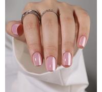 Press On Nails Short - Findigit Pink Glossy Press On Nail Ons Square, Chrome Glazed Glue On False Nails, Stick On Nails in 16 Sizes - 32 Soft Gel Fake Nail Kit, Pink Glazed