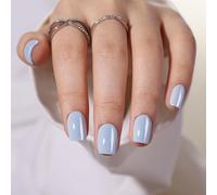 Press On Nails Short - Findigit Square Blue Glossy Press On Nail Ons, Chrome Glazed Glue On False Nails, Stick On Nails in 16 Sizes - 32 Soft Gel Fake Nail Kit, Blue Glazed