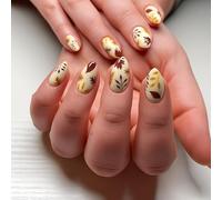Press on Nails Short French Tip False Nails with Autumn Leaf Art Design Cream Nude Brown Orange Golden Patterns Cozy Seasonal Manicure for Fall Thanksgiving Everyday Wear