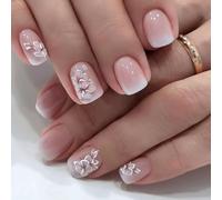 Press-On Nails Short Square 24 PCS - Ombre Pink French Tips with 3D Silver Floral Design, Natural-Fit Fake Acrylic Nails, 12 Sizes, Glue Included