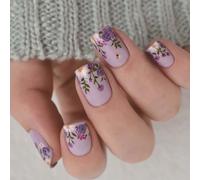 Press On Nails Short Square - 24PCS Reusable Acrylic False Nails with Floral Design for Women, Natural Looking Manicure for Daily Use, Parties &
