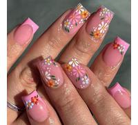 Press On Nails Short Square Acrylic False Nails with Floral French Tip Design - 24Pcs Glossy Full Cover Stick On Nails for Women, Natural Look Fake Nails for Party, Wedding, Salon