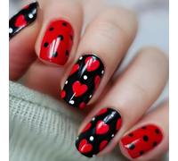 Press On Nails Short Square Black Red False Nails Valentines Heart Fake Nails for Party