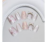 Press On Nails Short Square False Nails Cat Eye Polka Dot Bow S Fake Nails Chip-Free with Flexi-Fit Technology
