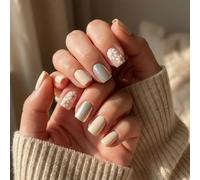 Press On Nails Short Square Nude with Daisy Design and Iridescent Accent - Reusable False Nails for Women, Easy to Apply for Party, Wedding, and Daily Wear