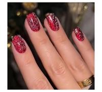 Press On Nails Short Square Red Glitter Fake Nails Reusable Glue On Nails for Daily Outfit