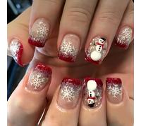 Press On Nails Short Square, Red Ombré False Nails, 24-Piece Winter Set | Transparent Nude Base, Silver-Coloured Glitter-Style Accents, Snowflake And Snowman Motifs, Jelly Tabs