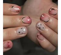 Press On Nails Short Square Star Fake Nails Glossy Stick on Nail Kit - 24Pcs