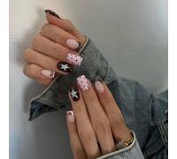 Press on Nails Short Square Sweet Polka Dot Star Valentine’s Day Anti-Shatter False Nails with Glue Tabs for Daily - 24 Pcs