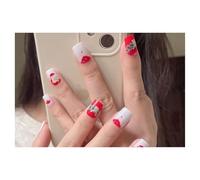 Press On Nails Short Square White Red Cute Fake Nails Reusable Glue On Nails for Party