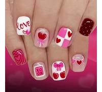 Press on Nails Short Square Y2K Heart Cherry Bow XOXO Valentine’s Day False Nails with Damage-Free Glue Tabs for Teens - 24 Pcs